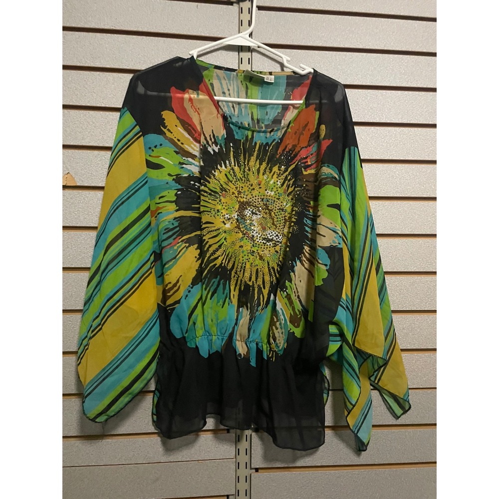 Young Threads Women's Floral Rhinestone Kaftan Tunic Top L Sheer Oversized Comfy